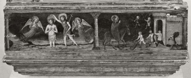 Fotocommissie Rijksmuseum Amsterdam — Anonimo fiorentino sec. XV - sec. XV - Battesimo di Cristo; Entrata di Cristo in Gerusalemme — particolare